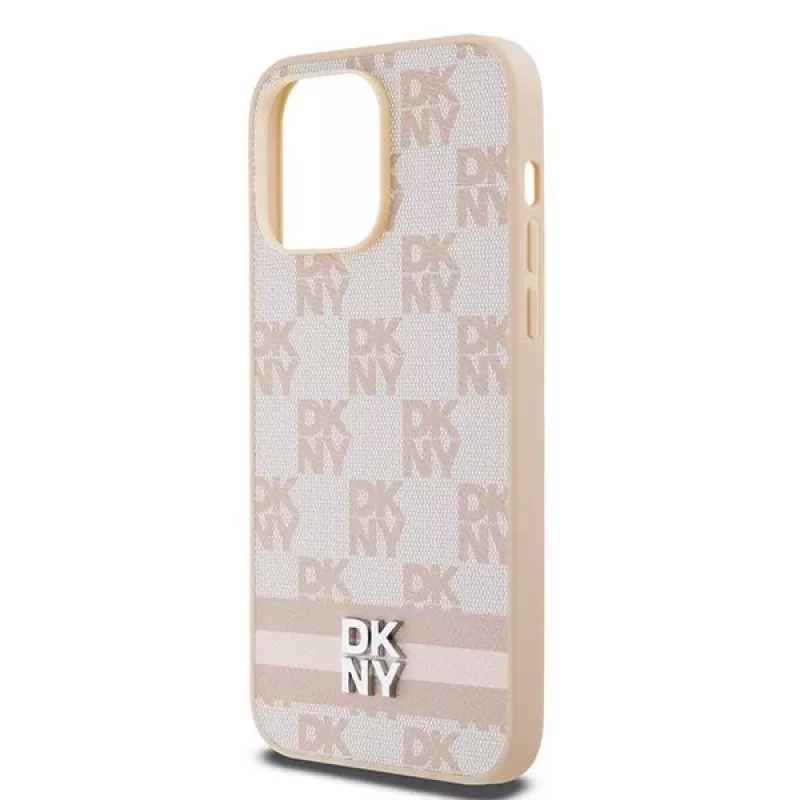 DKNY kožené puzdro s károvaným Mono vzorom a potlačenými pruhmi pre iPhone 14 Pro Max - ružová