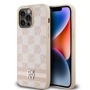 DKNY kožené puzdro s károvaným Mono vzorom a potlačenými pruhmi pre iPhone 14 Pro Max - ružová