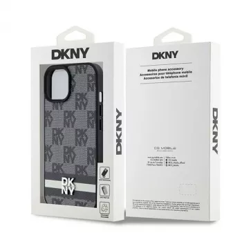 DKNY kožené puzdro s károvaným monogramovým vzorom a potlačenými pruhmi pre iPhone 15/14/13 - čierna