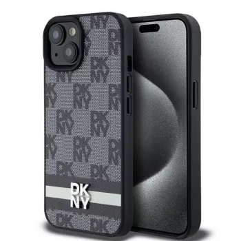 DKNY kožené puzdro s károvaným monogramovým vzorom a potlačenými pruhmi pre iPhone 15/14/13 - čierna