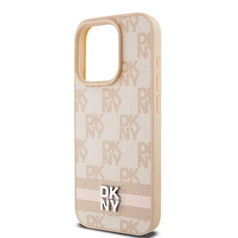 DKNY kožené puzdro s károvaným Mono vzorom a potlačenými pruhmi pre iPhone 15 Pro Max - ružová