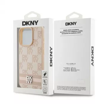 DKNY kožené puzdro s károvaným Mono vzorom a potlačenými pruhmi pre iPhone 15 Pro - ružová