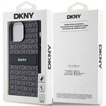 DKNY Kožené Mono Stripe & kovové logo puzdro pre Apple iPhone 14 Pro - čierna