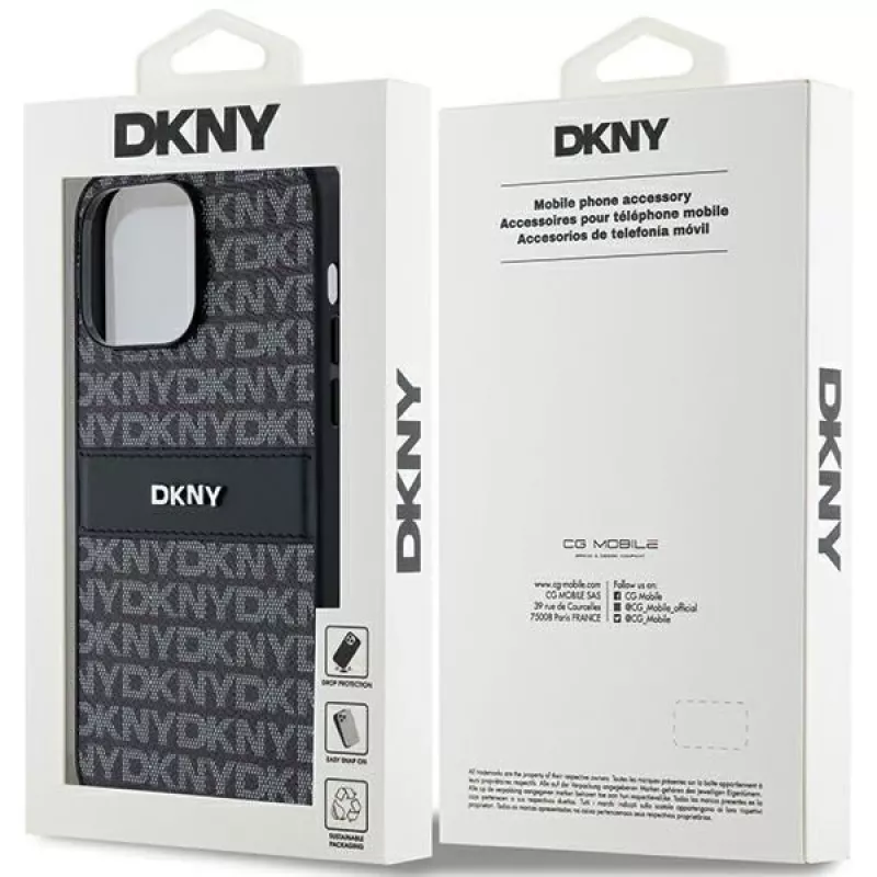 DKNY Kožené Mono Stripe & kovové logo puzdro pre Apple iPhone 14 Pro - čierna