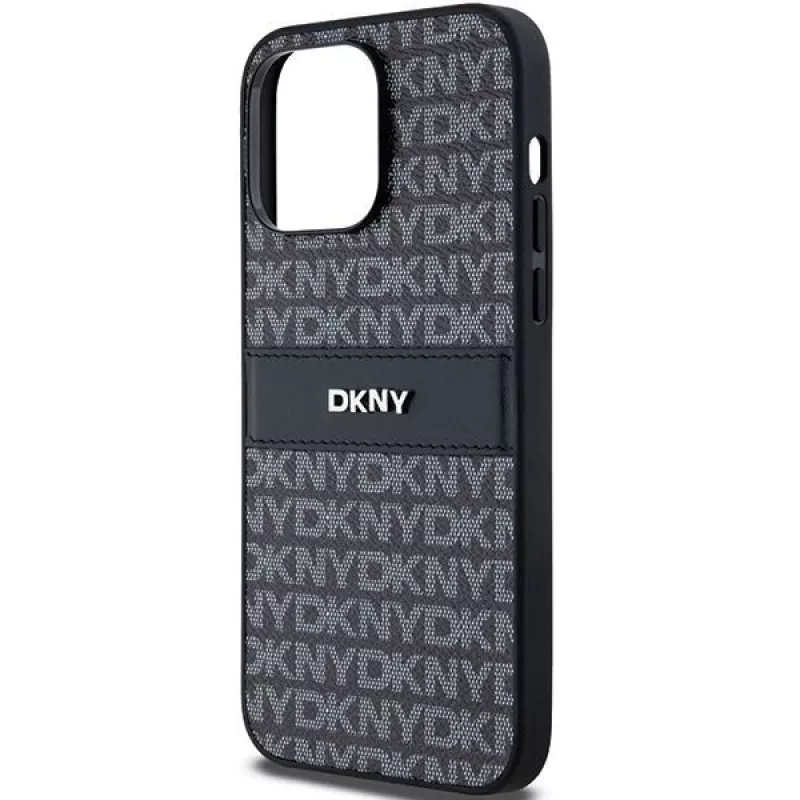 DKNY Kožené Mono Stripe & kovové logo puzdro pre Apple iPhone 14 Pro - čierna
