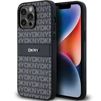 DKNY Kožené Mono Stripe & kovové logo puzdro pre Apple iPhone 14 Pro - čierna