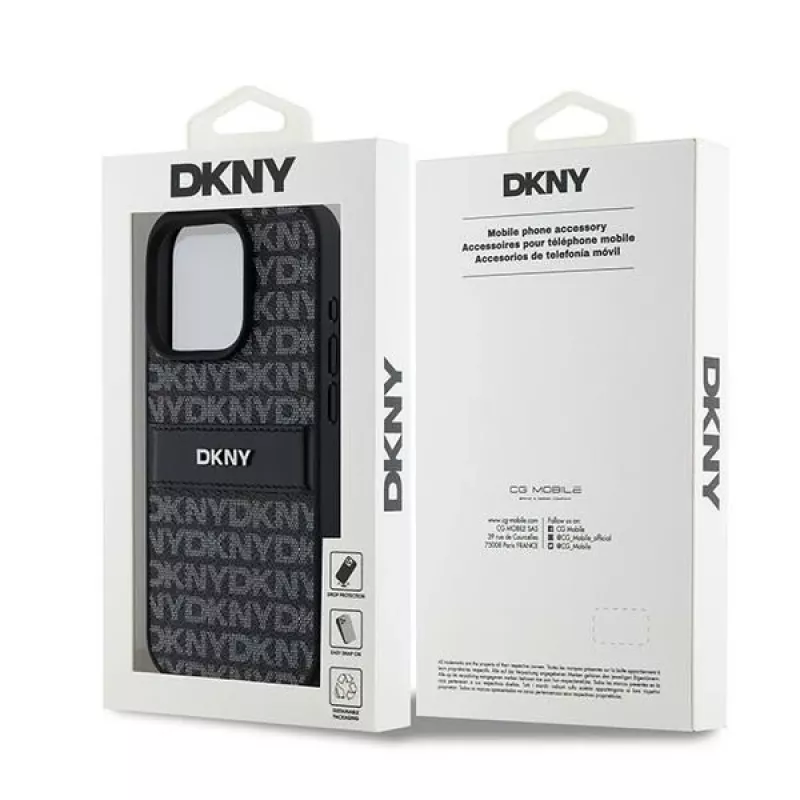 DKNY kožené puzdro Mono Stripe & kovové logo pre iPhone 15 Pro - čierna