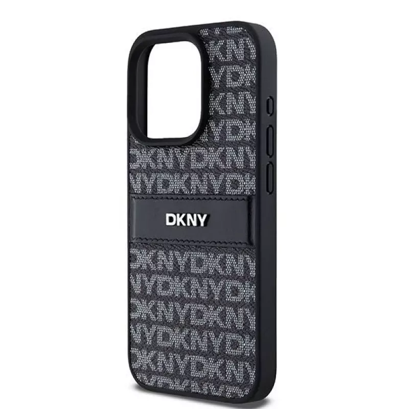 DKNY kožené puzdro Mono Stripe & kovové logo pre iPhone 15 Pro - čierna