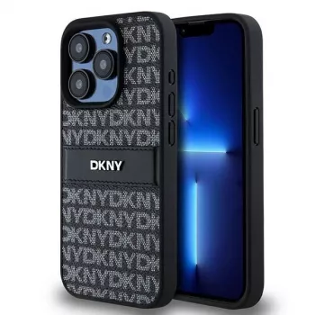 DKNY kožené puzdro Mono Stripe & kovové logo pre iPhone 15 Pro - čierna