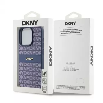 DKNY Kožené Mono Stripe & kovové logo puzdro pre iPhone 15 Pro - modrá