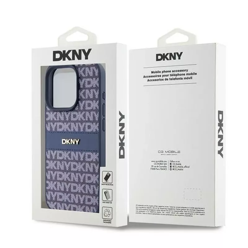 DKNY Kožené Mono Stripe & kovové logo puzdro pre iPhone 15 Pro - modrá