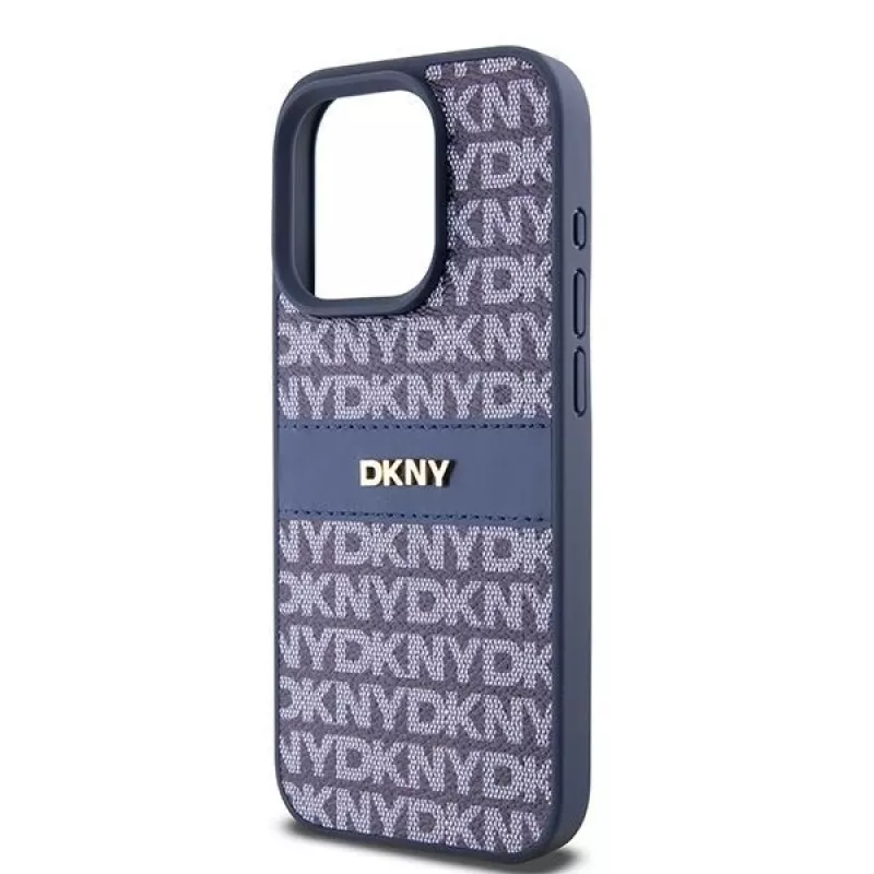 DKNY Kožené Mono Stripe & kovové logo puzdro pre iPhone 15 Pro - modrá