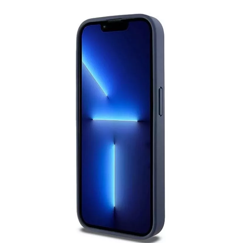 DKNY Kožené Mono Stripe & kovové logo puzdro pre iPhone 15 Pro - modrá