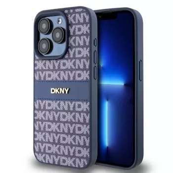 DKNY Kožené Mono Stripe & kovové logo puzdro pre iPhone 15 Pro - modrá