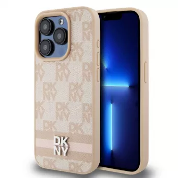 DKNY PU kožené puzdro s károvaným a pruhovaným vzorom pre iPhone 13 Pro ružová