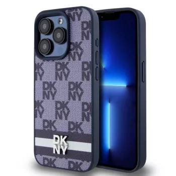DKNY PU kožené puzdro s károvaným vzorom a pruhmi pre iPhone 15 Pro modré