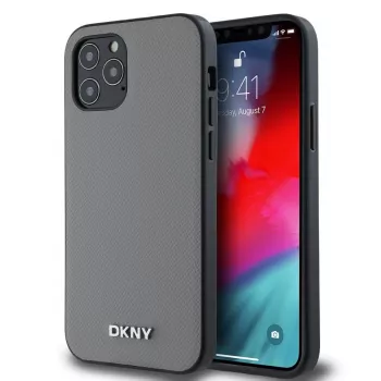 DKNY PU kožené MagSafe puzdro pre iPhone 12/12 Pro so strieborným kovovým logom - sivé