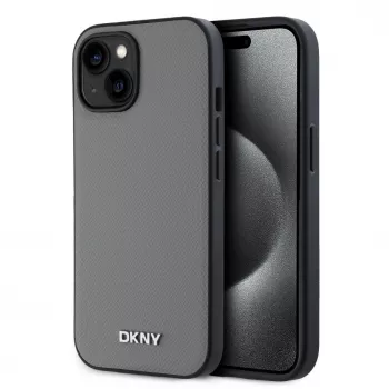 DKNY PU kožené puzdro so strieborným kovovým logom MagSafe pre iPhone 13 - sivá