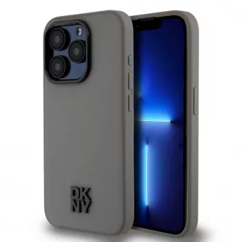 DKNY PU kožené Stack Logo MagSafe puzdro pre iPhone 15 Pro Max - sivé