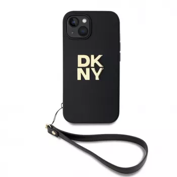 DKNY PU kožené puzdro Stack Logo s pútkom na zápästie pre iPhone 13 - čierna