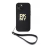 DKNY PU kožené puzdro Stack Logo s pútkom na zápästie pre iPhone 13 - čierna