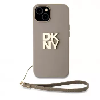 DKNY PU kožený Stack Logo puzdro s náramkom na zápästie pre iPhone 13 Pro Max béžové