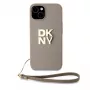 DKNY PU kožený Stack Logo puzdro s náramkom na zápästie pre iPhone 13 Pro Max béžové