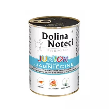Dolina Noteci Premium Junior bohaté na jahňacie mokré krmivo pre šteniatka stredných a veľkých plemien, 400g konzerva