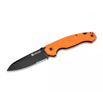 Dönges Professional záchranársky nôž s rezačom pásov a skla, čiastočne zúbkovaná čepeľ drop-point, hliníková rukoväť, čierna, 205 mm v otvorenom stave