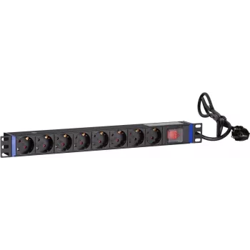 DSIT DS-8PDU-S 19-palcový rack PDU s vypínačom, 8x Schuko zásuvky, 2m kábel, 16A/3680W – čierna/strieborná