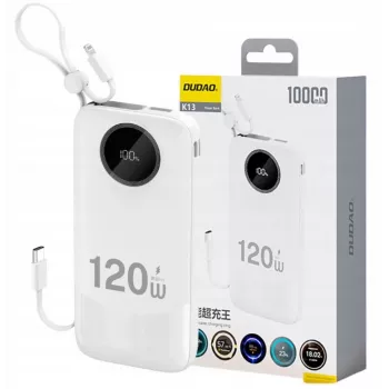Dudao 120W rýchlonabíjacia powerbanka s integrovaným káblom a digitálnym displejom, 10000mAh, biela