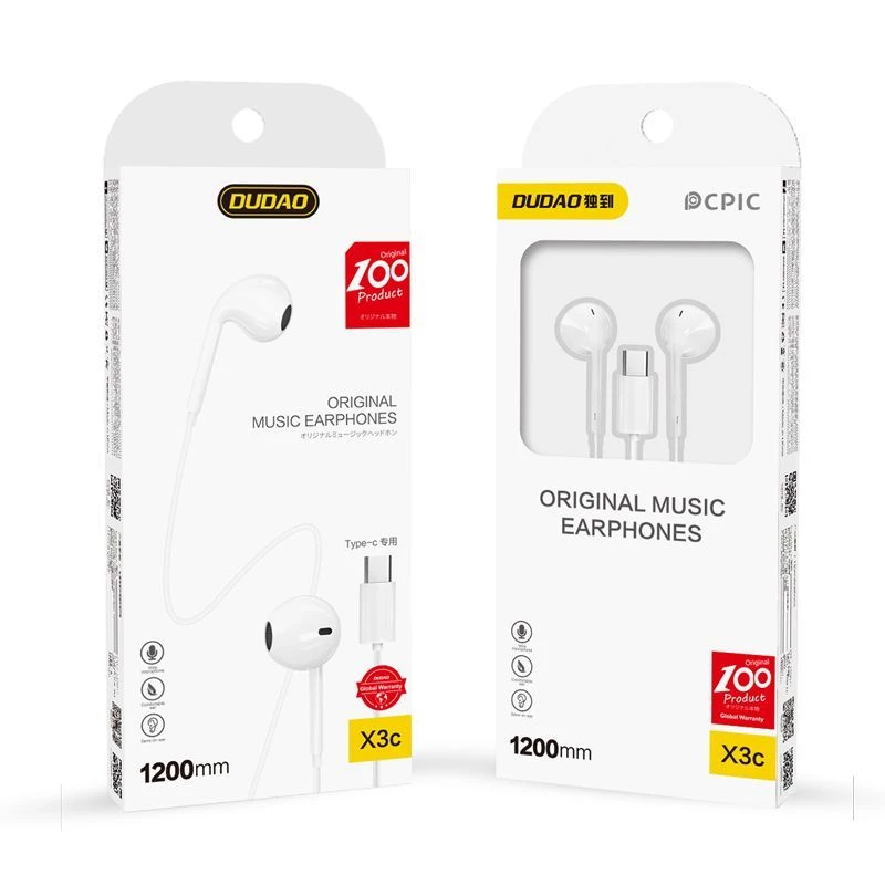 Dudao USB Type-C konektor stereo headset nový ergonomický dizajn ušných vložiek X3C biely