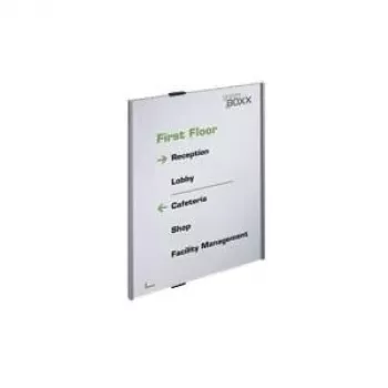 DURABLE INFO SIGN A3 na výšku strieborná hliníková informačná tabuľa, neoslnivý akryl, skrutková montáž, 297 x 420 mm vkladacia 480823