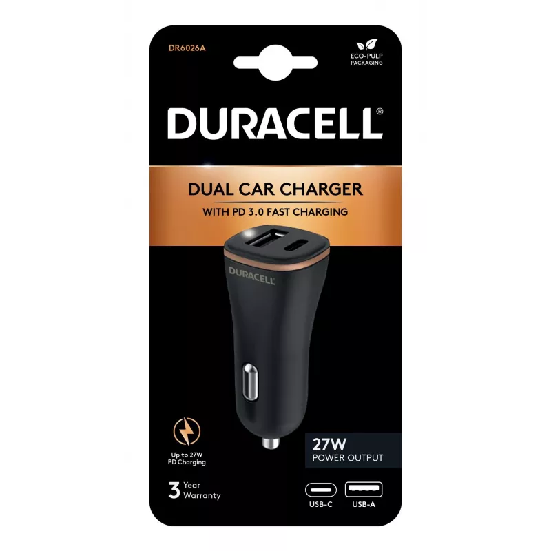 Duracell Power Travel nabíjačka 12V USB-A + USB-C 18W PD auto nabíjačka DR6026A
