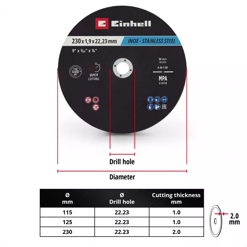 Einhell 230 x 2,0 mm tenké rezné kotúče pre uhlovú brúsku, balenie 10 ks 711524
