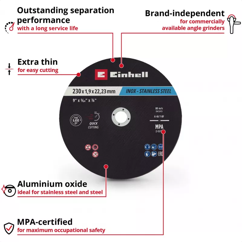 Einhell 230 x 2,0 mm tenké rezné kotúče pre uhlovú brúsku, balenie 10 ks 711524
