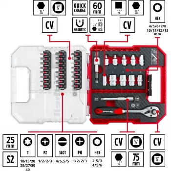 EINHELL-KWB sada nástrčných kľúčov a bitov 1/4 palca 37-dielna v L-CASE
