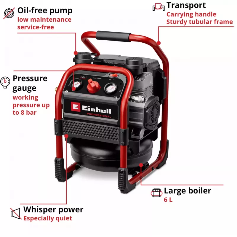 EINHELL Power X-Change akumulátorový kompresor SILENZZO 18/160, 18V (červená/čierna, bez batérie a nabíjačky)