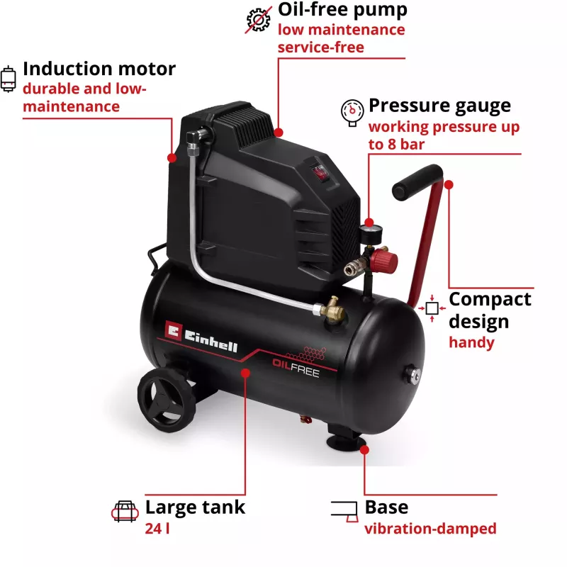 EINHELL TC-AC 190/24/8 I OF bezolejový kompresor, 1100 W, 24 l nádrž, 8 bar, čierny