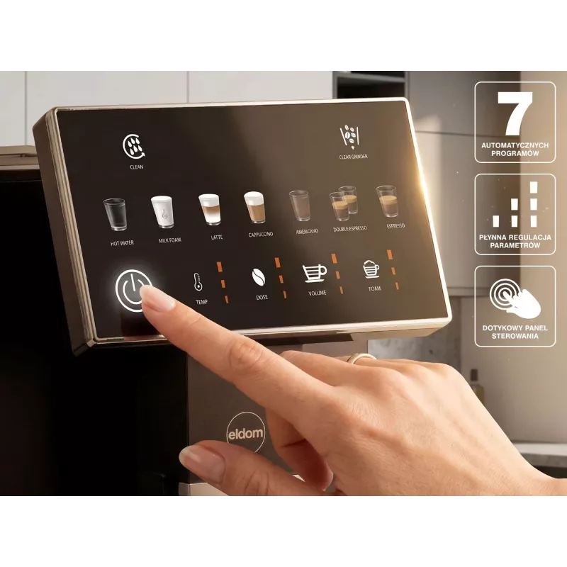 ELDOM ECA10 automatický kávovar s tlakom, 7 programov, 19 bar, 1450 W, 1,8 l nádrž na vodu, Bean-to-Cup, LCD, čierny