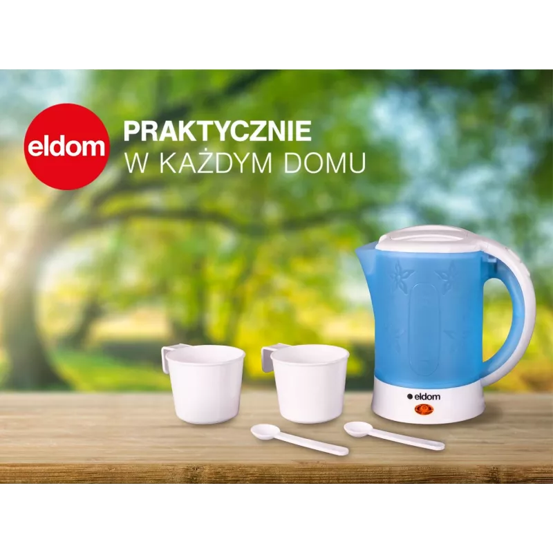 ELDOM elektrický turistický varič C190 Lino 0,6L 550W modrý s 2 hrnčekmi a 2 lyžicami