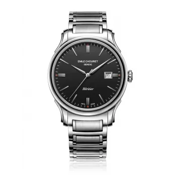 EMILE CHOURIET pánske švajčiarske automatické hodinky 40mm oceľ čierny ciferník kožený remienok 081128G62586