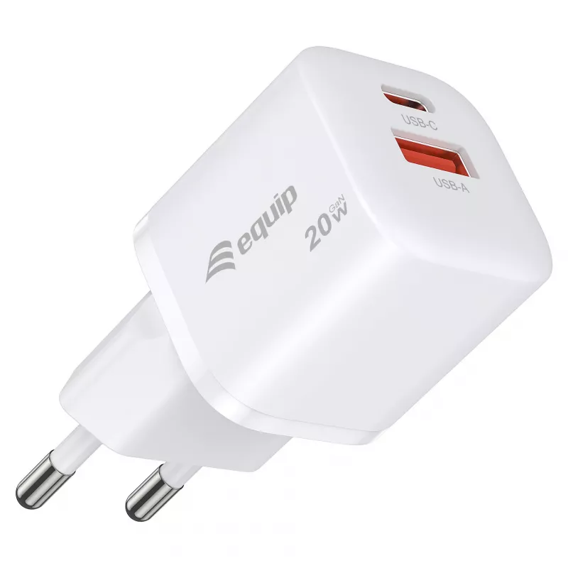 Equip 2-portová USB-C PD3.0/USB-A GaN nástenná nabíjačka 20W, biela, balenie 25 kusov