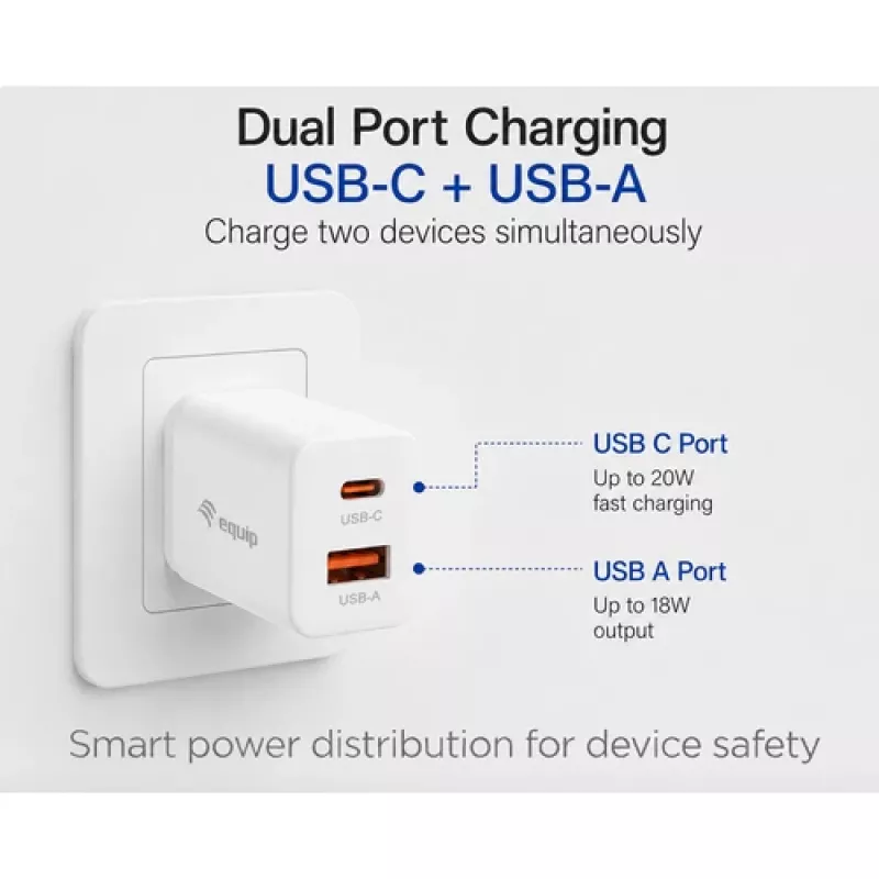 Equip 2-portová USB-C PD3.0/USB-A GaN nástenná nabíjačka 20W, biela, balenie 25 kusov