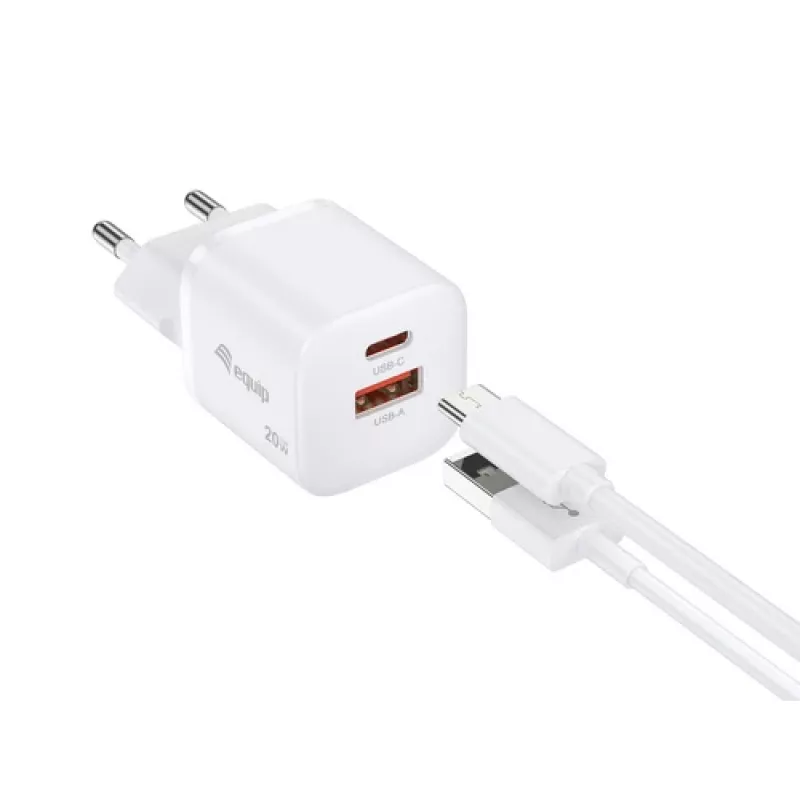 Equip 2-portová USB-C PD3.0/USB-A GaN nástenná nabíjačka 20W, biela, balenie 25 kusov