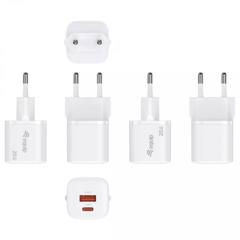 Equip 245526 2-port USB-C PD3.0 / USB-A GaN 20W nástenná nabíjačka, biela