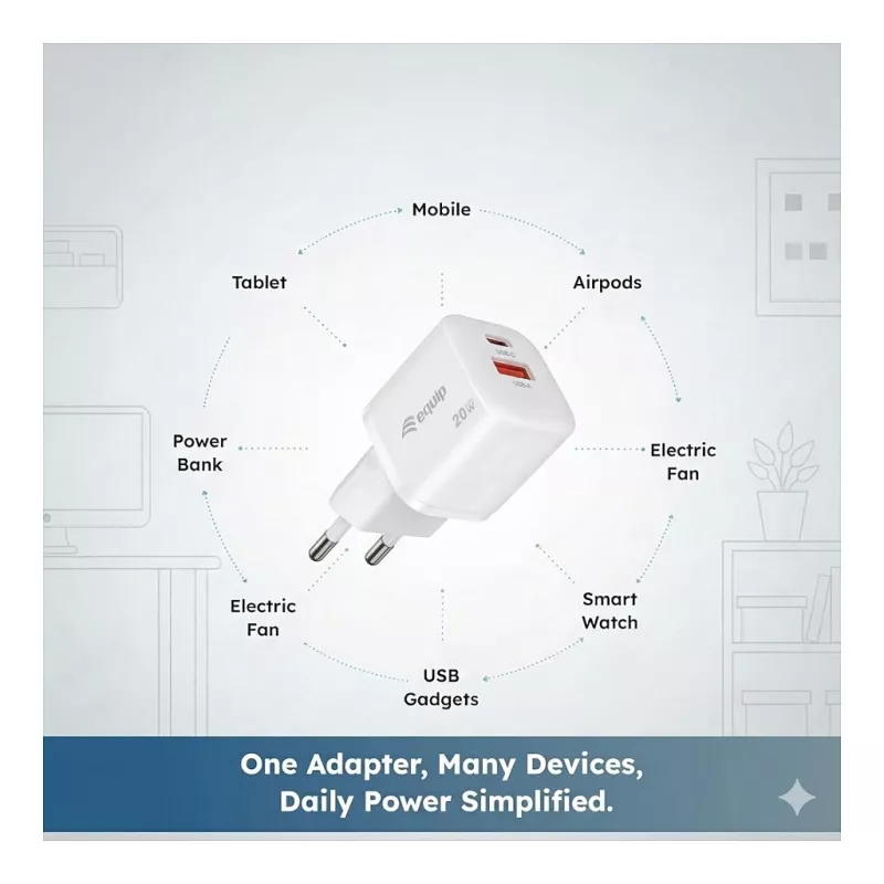Equip 245526 2-port USB-C PD3.0 / USB-A GaN 20W nástenná nabíjačka, biela