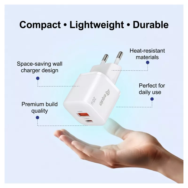 Equip 245526 2-port USB-C PD3.0 / USB-A GaN 20W nástenná nabíjačka, biela