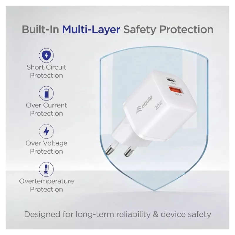 Equip 245526 2-port USB-C PD3.0 / USB-A GaN 20W nástenná nabíjačka, biela