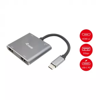 EQUIP USB-C 4-in-1 Dual-HDMI adaptér so 100W PD, 4K MST, hliník